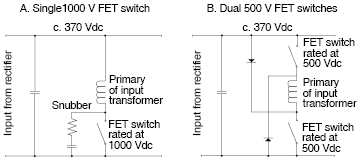 Figure 1. Although it minimises component count, option (A) is more expensive and less efficient than the circuit in (B)